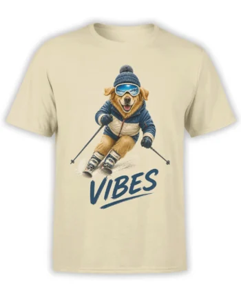 Beige T-shirt with a cheerful skiing dog in blue gear, goggles, skis, and bold VIBES lettering