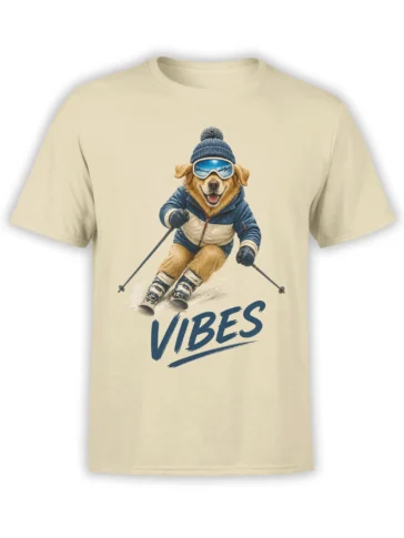 Beige T-shirt with a cheerful skiing dog in blue gear, goggles, skis, and bold VIBES lettering