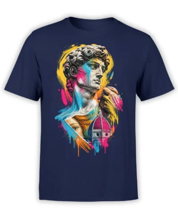 Colorful classical art collage T-shirt with sculpture, portrait, dome, and bright paint splashes on navy