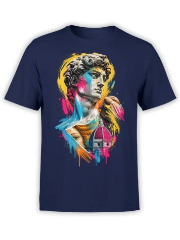 Colorful classical art collage T-shirt with sculpture, portrait, dome, and bright paint splashes on navy