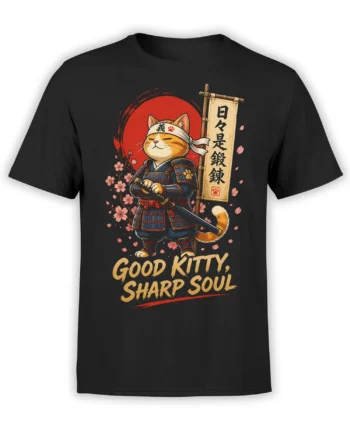 Black cat t-shirt with an armored orange tabby samurai, sword, cherry blossoms, and “GOOD KITTY, SHARP SOUL” text