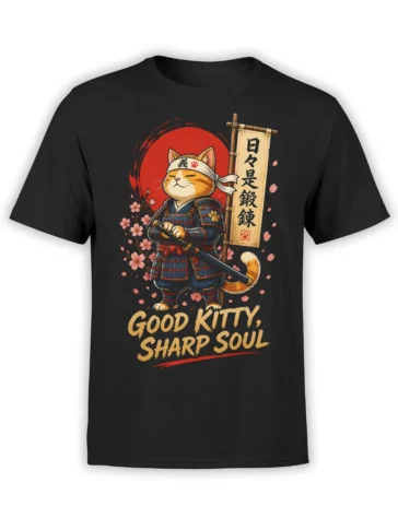 Black cat t-shirt with an armored orange tabby samurai, sword, cherry blossoms, and “GOOD KITTY, SHARP SOUL” text