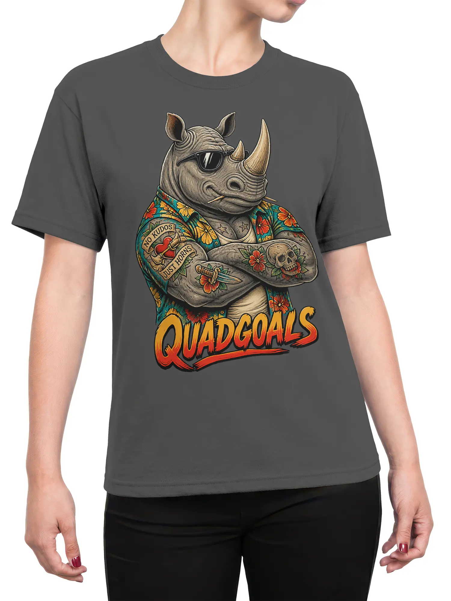 Female torso wearing a charcoal gray rhino T-shirt with sunglasses, flowers, tattoos, and Quadgoals text