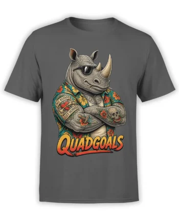 Charcoal gray rhino T-shirt with sunglasses, tattoos, tropical flowers, and bold Quadgoals lettering