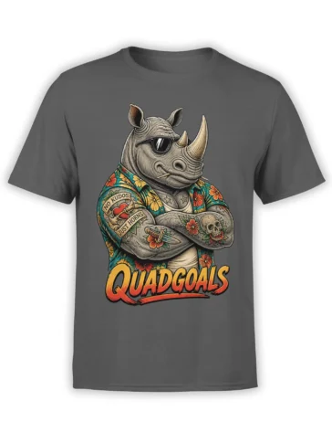 Charcoal gray rhino T-shirt with sunglasses, tattoos, tropical flowers, and bold Quadgoals lettering