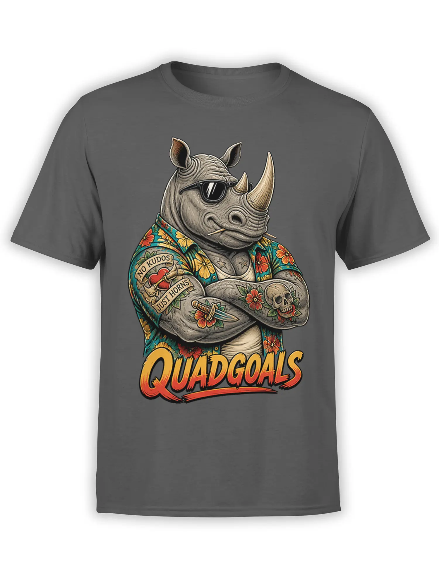 Charcoal gray rhino T-shirt with sunglasses, tattoos, tropical flowers, and bold Quadgoals lettering