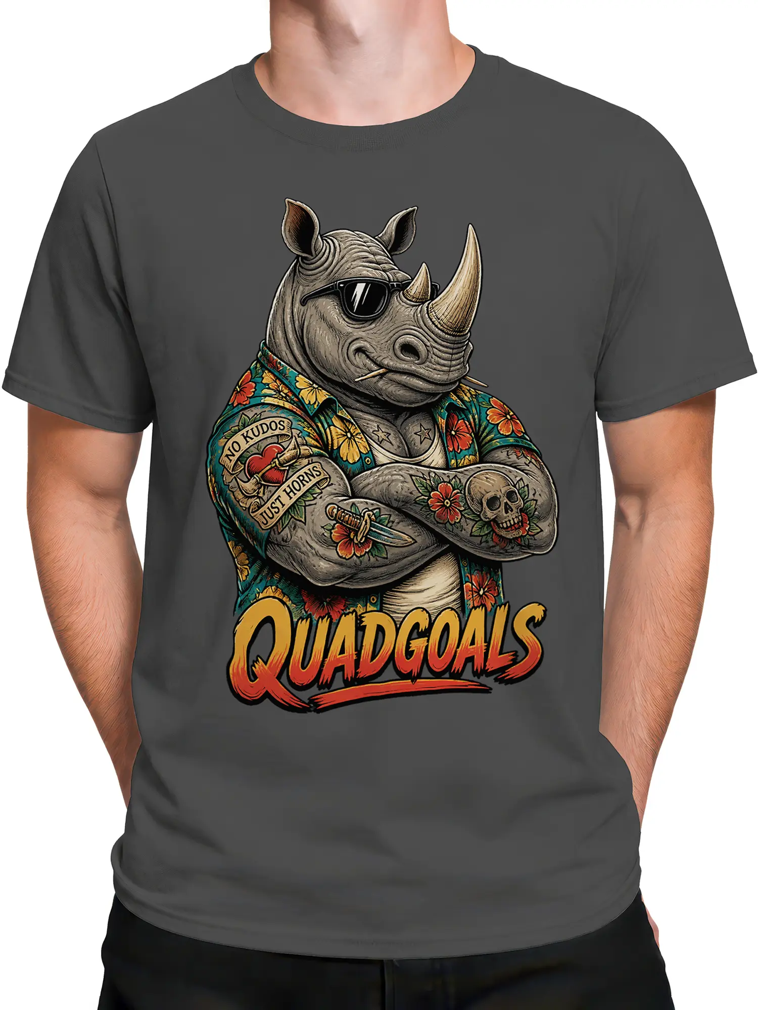 Male torso wearing a charcoal gray rhinoceros T-shirt with tattoos, sunglasses, flowers, and Quadgoals text