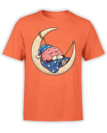 Orange T-shirt with a sleeping pink brain in a starry blanket resting on a crescent moon