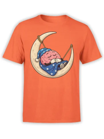 Orange T-shirt with a sleeping pink brain in a starry blanket resting on a crescent moon