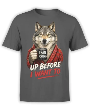 Gray wolf coffee T-shirt with red plaid robe and “I Hate Mornings” slogan on a gray shirt