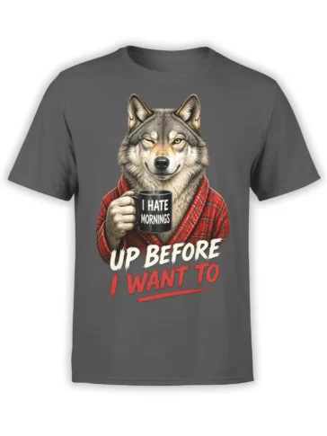 Gray wolf coffee T-shirt with red plaid robe and “I Hate Mornings” slogan on a gray shirt