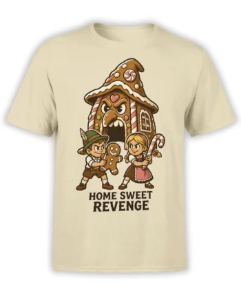 Beige T-shirt with a gingerbread house, children, candy details, and Home Sweet Revenge graphic