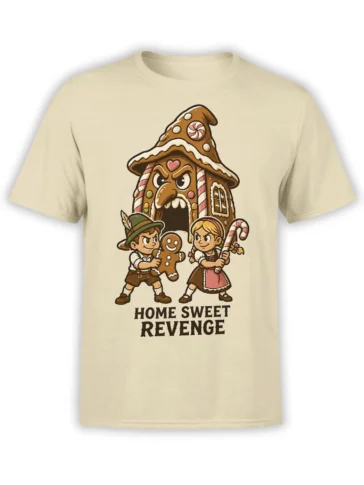 Beige T-shirt with a gingerbread house, children, candy details, and Home Sweet Revenge graphic