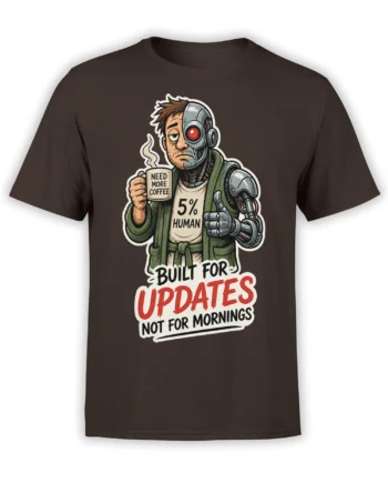 Brown T-shirt with a weary cyborg holding coffee and bold “Built for Updates” lettering