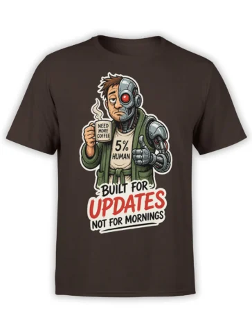 Brown T-shirt with a weary cyborg holding coffee and bold “Built for Updates” lettering