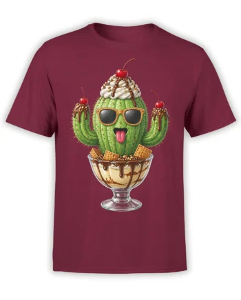 Playful cactus in sunglasses sitting in a cherry-topped chocolate sundae on a burgundy T-shirt