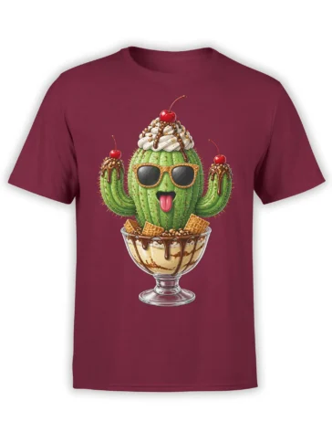 Playful cactus in sunglasses sitting in a cherry-topped chocolate sundae on a burgundy T-shirt