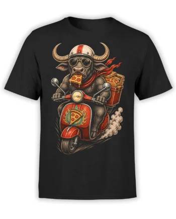 Black T-shirt with a helmeted horned rider carrying pizza boxes on a motorbike