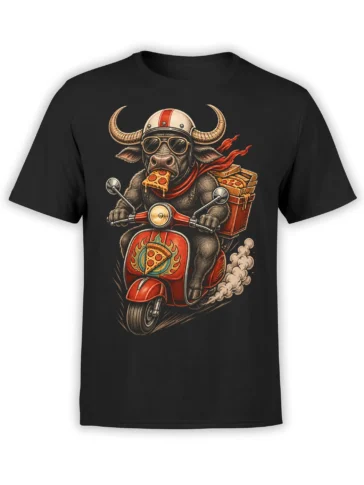 Black T-shirt with a helmeted horned rider carrying pizza boxes on a motorbike