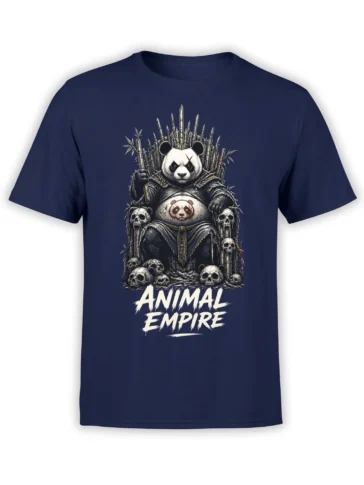 Crowned panda emperor on a bamboo throne with skulls and Animal Empire lettering on a navy graphic T-shirt