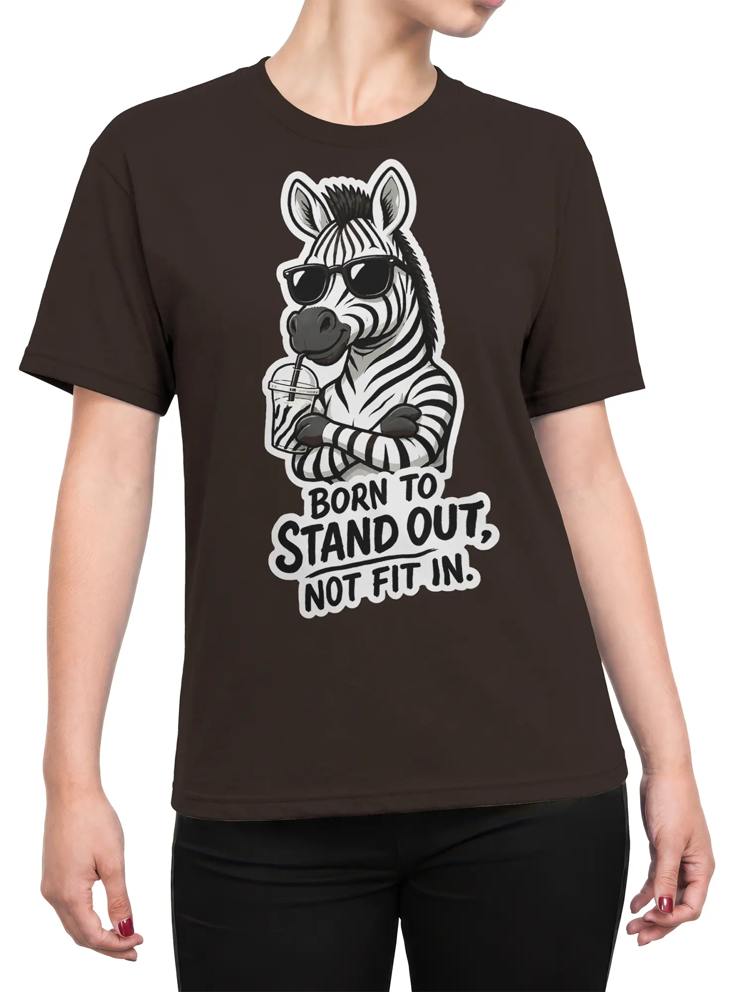 Female torso wearing a brown zebra graphic T-shirt with sunglasses and a Born to Stand Out message