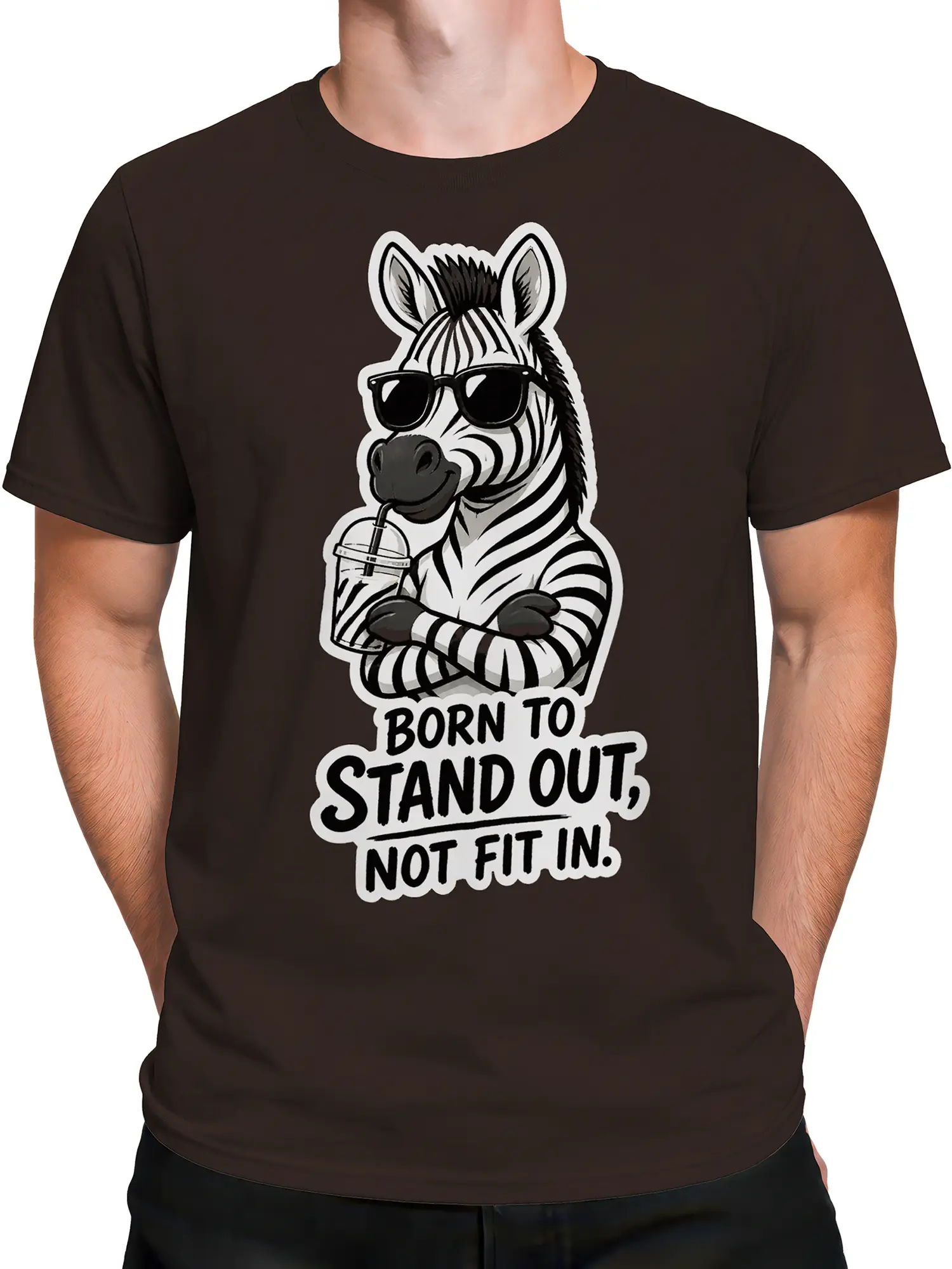 Male torso wearing a brown zebra graphic T-shirt with a bold stand out message