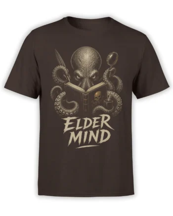 Brown octopus reading T-shirt with an antique book, coffee cup, skull detail, and Elder Mind design