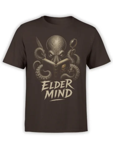 Brown octopus reading T-shirt with an antique book, coffee cup, skull detail, and Elder Mind design