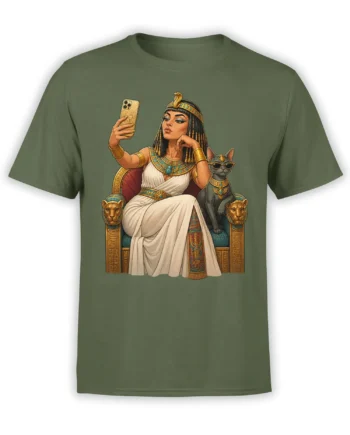 Egyptian-inspired queen and sunglasses cat graphic printed on an olive green T-shirt