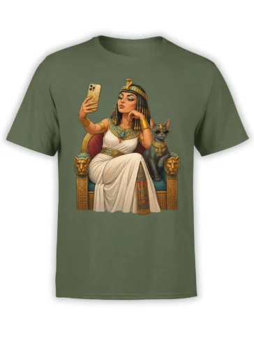 Egyptian-inspired queen and sunglasses cat graphic printed on an olive green T-shirt