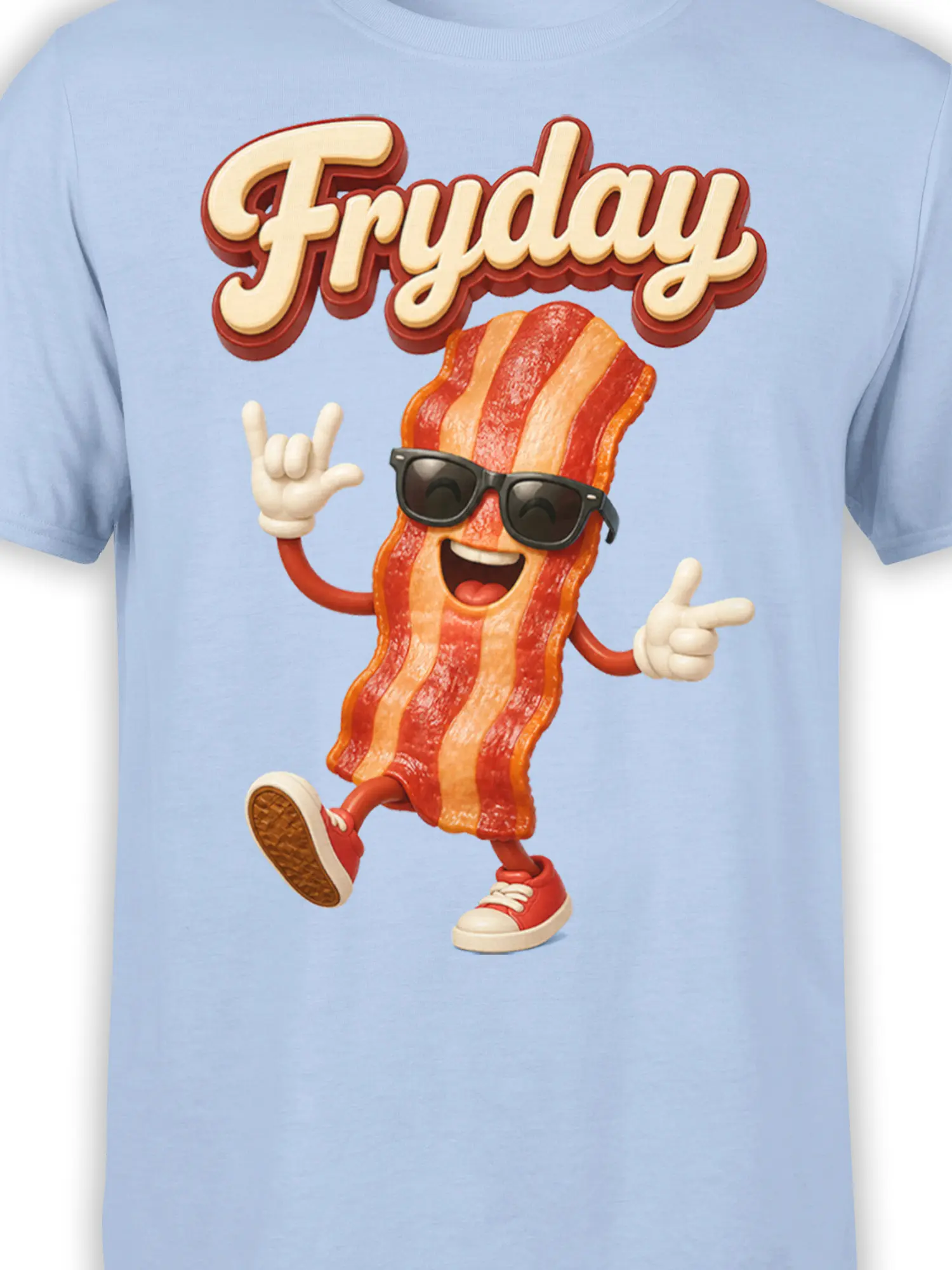 Close-up of smiling bacon character in sunglasses with Friday lettering on a light blue shirt