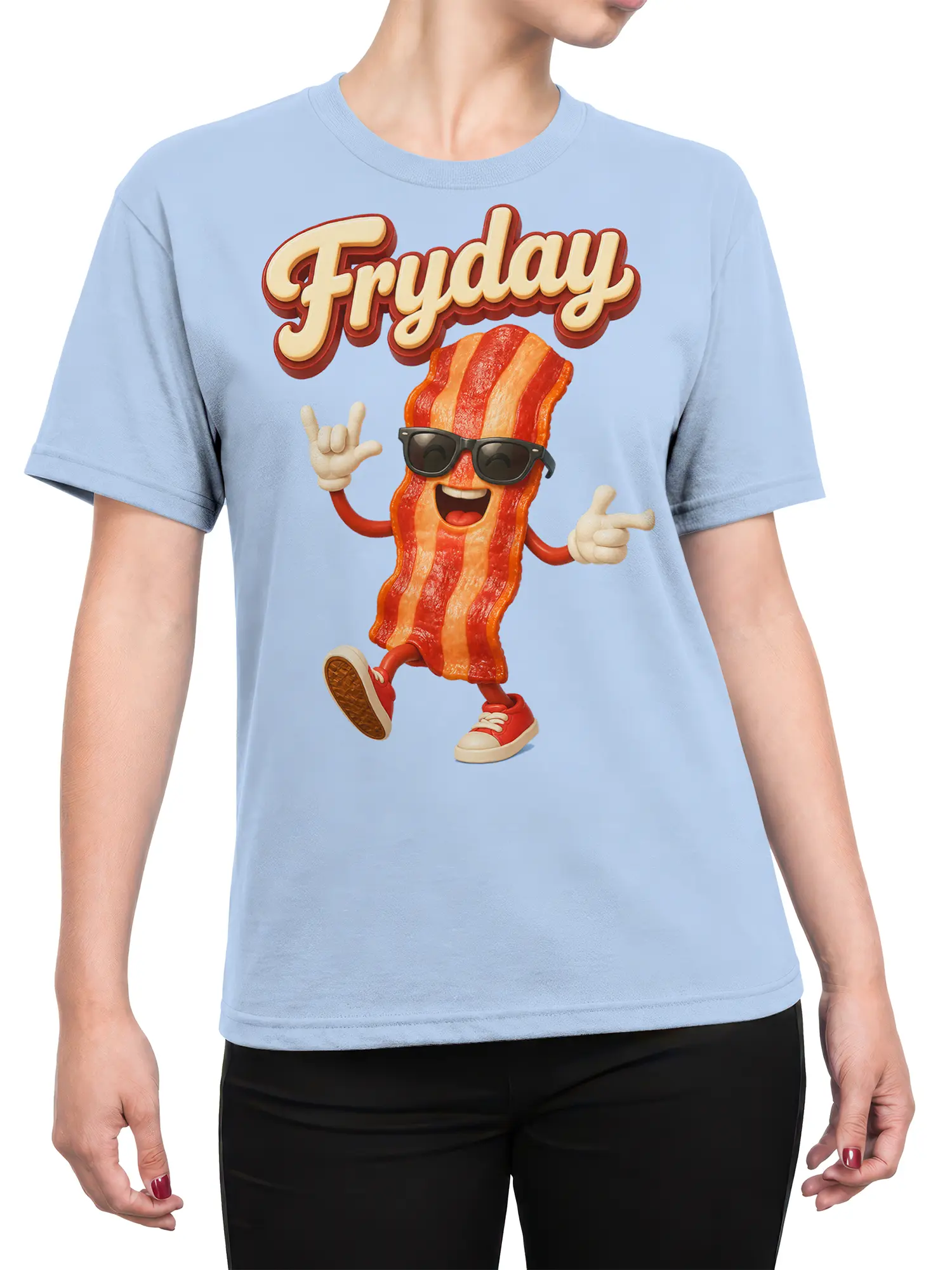 Female torso wearing a light blue bacon graphic tee with sunglasses, sneakers, and Friday lettering