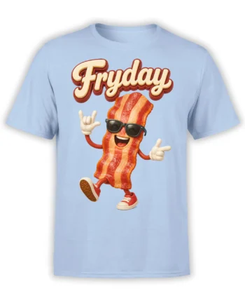 Light blue bacon T-shirt with a smiling sunglasses character, sneakers, and bold Friday lettering