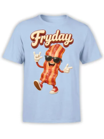 Light blue bacon T-shirt with a smiling sunglasses character, sneakers, and bold Friday lettering