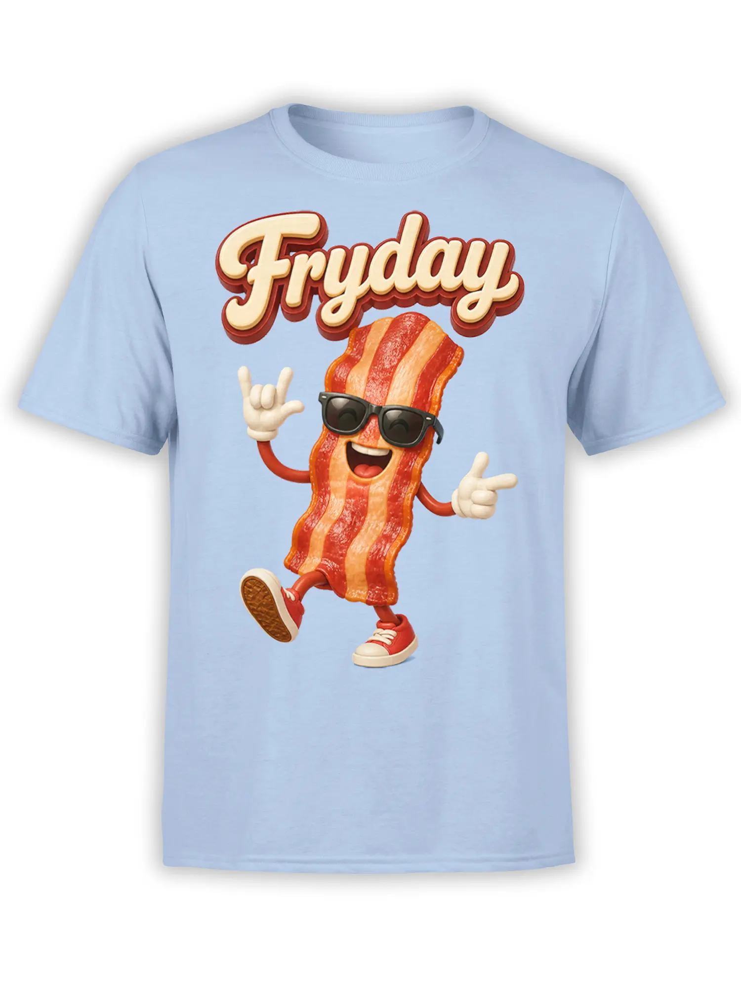 Light blue bacon T-shirt with a smiling sunglasses character, sneakers, and bold Friday lettering