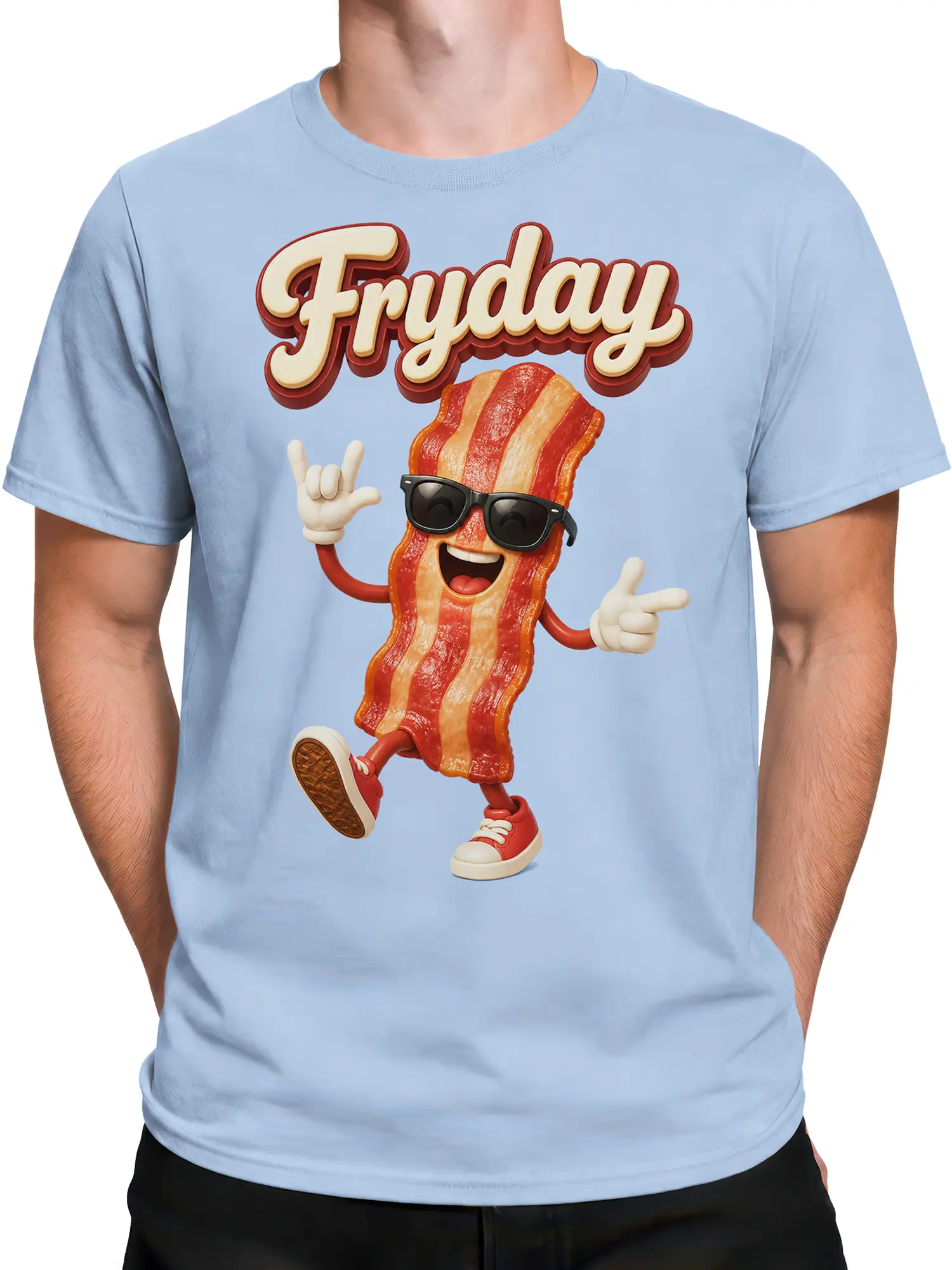 Male torso wearing a light blue Friday bacon T-shirt with a cheerful food character graphic