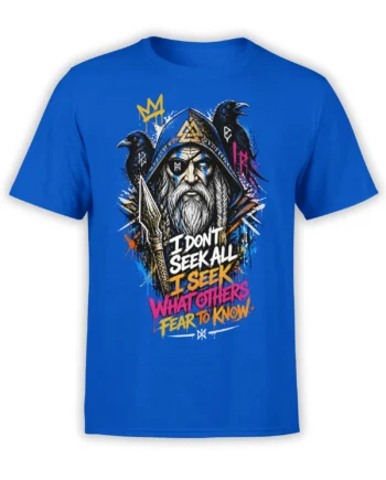 Blue Norse mythology T-shirt with a bearded eyepatch seer, black ravens, runes, spear, and bold graphic lettering