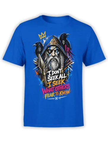 Blue Norse mythology T-shirt with a bearded eyepatch seer, black ravens, runes, spear, and bold graphic lettering