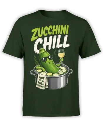 Dark green T-shirt with a relaxed zucchini character, wine glass, sunglasses, and “Zucchini Chill” lettering