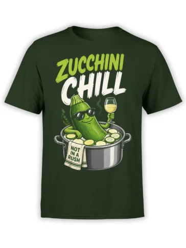 Dark green T-shirt with a relaxed zucchini character, wine glass, sunglasses, and “Zucchini Chill” lettering