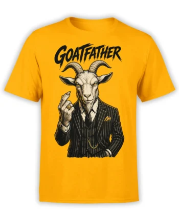 Orange T-shirt with a suited goat, pinstripe jacket, gold chain, and bold GOATFATHER lettering
