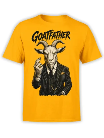 Orange T-shirt with a suited goat, pinstripe jacket, gold chain, and bold GOATFATHER lettering