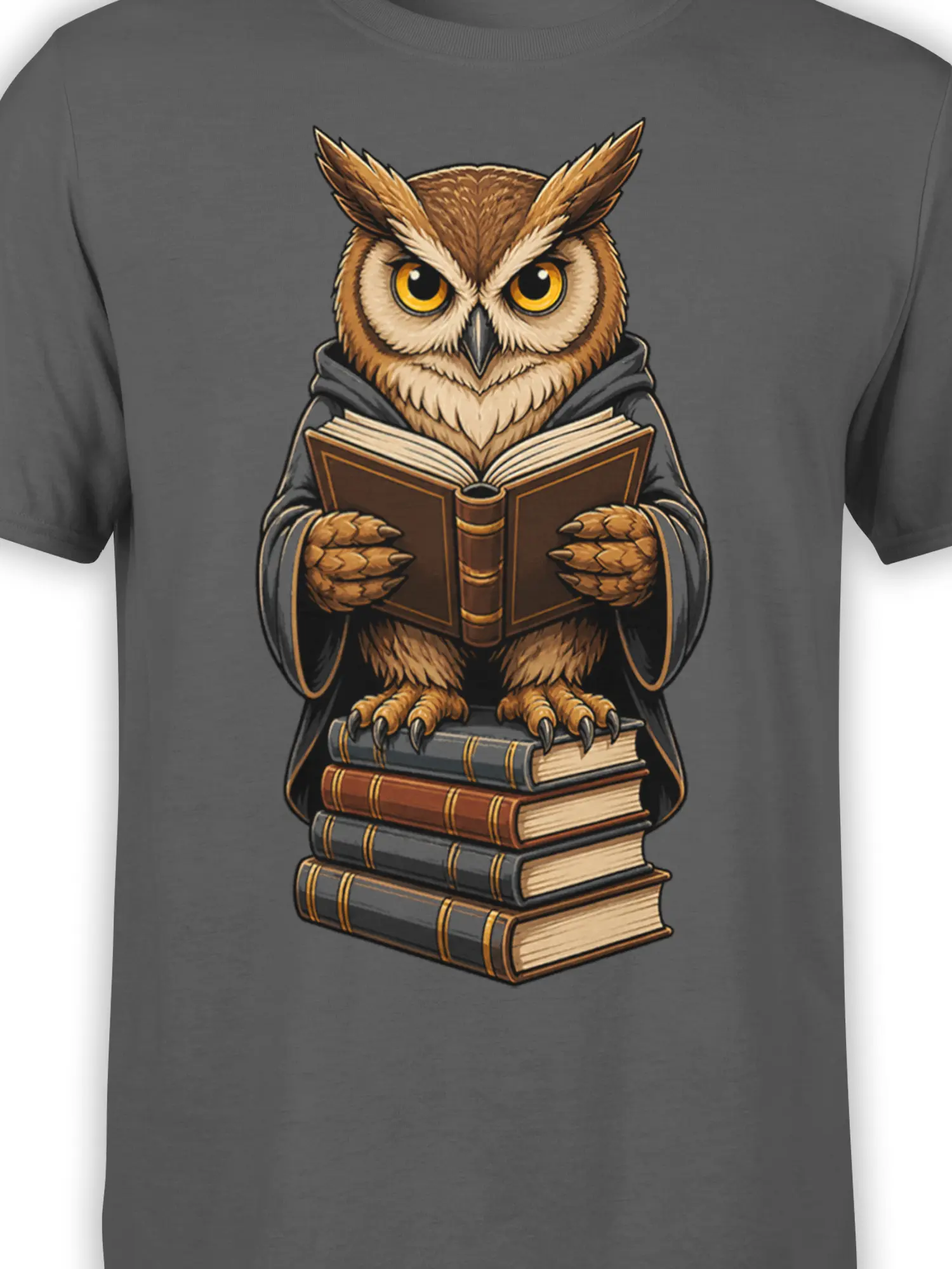 Close-up of robed owl reading an open book on a gray graphic T-shirt