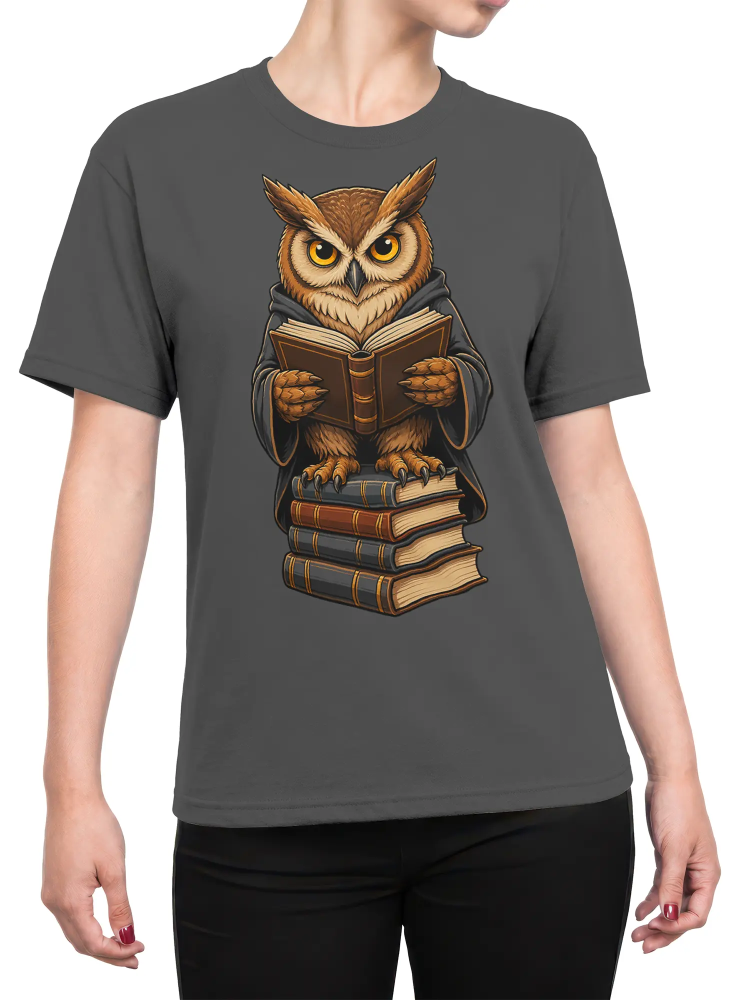 Female torso wearing a gray owl reading graphic T-shirt with stacked books