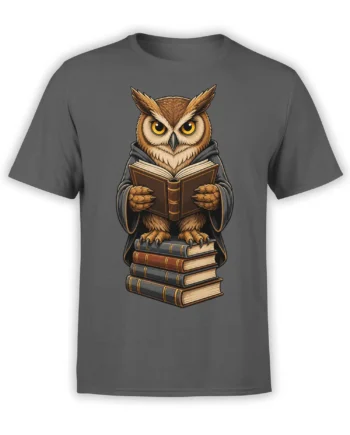 Gray T-shirt with a robed brown owl reading an open book on a stack of books