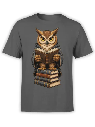 Gray T-shirt with a robed brown owl reading an open book on a stack of books
