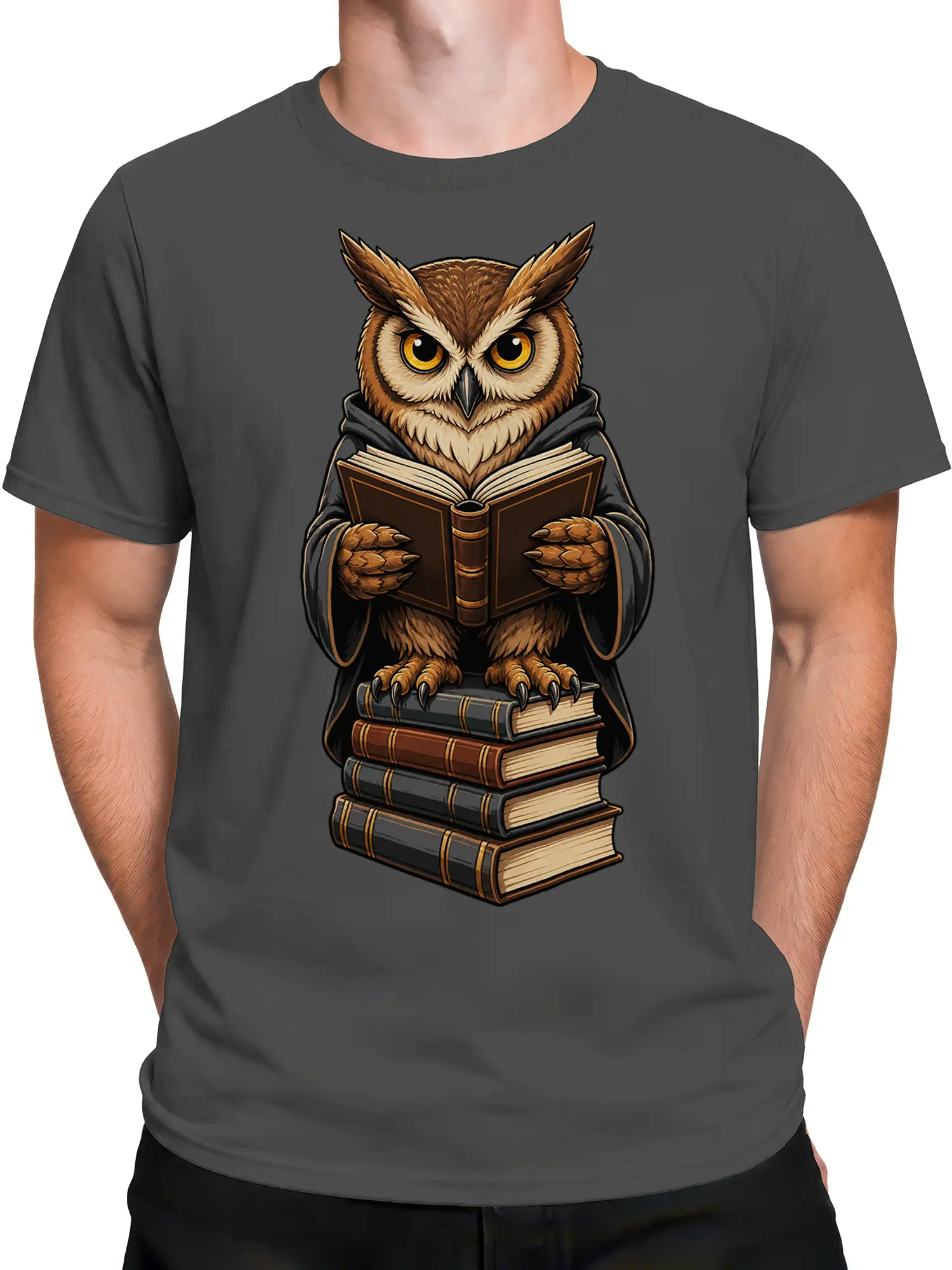 Male torso wearing a gray scholarly owl book graphic T-shirt