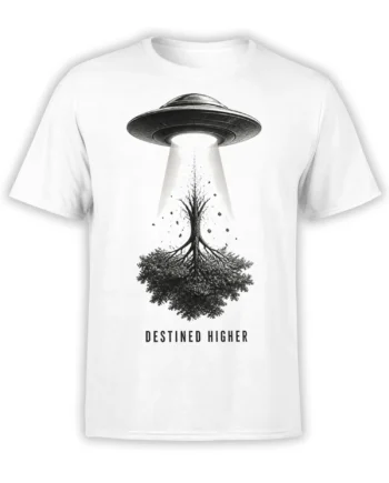 White UFO T-shirt with a black flying saucer lifting a rooted tree and “Destined Higher” text