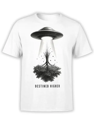White UFO T-shirt with a black flying saucer lifting a rooted tree and “Destined Higher” text