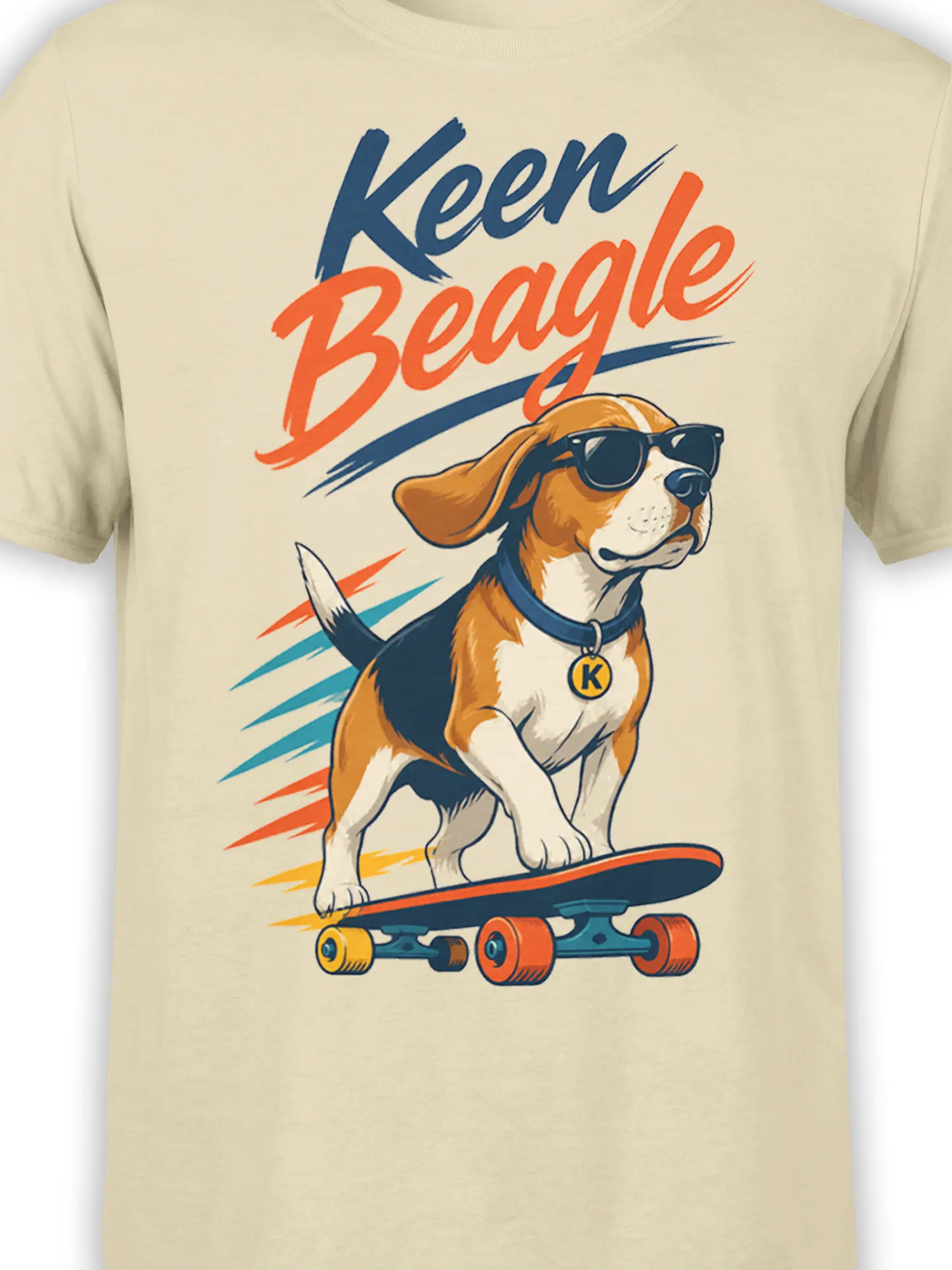 Close-up of the beagle in sunglasses, skateboard, colorful speed marks, and Keep Beagle design on a beige shirt